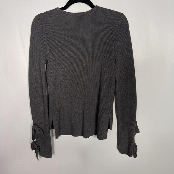 Intermix Small S Gray Cotton Silk Jordana Tie Sleeve Rib Knit Round Neck Sweater - Picture 2 of 9